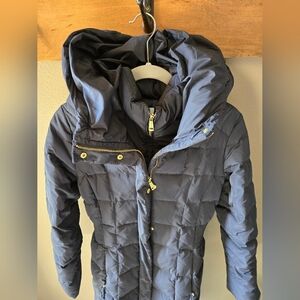 COLE HAAN Puffer Coat navy Gold S Long Length Winter Warm Apres Ski Down Fill